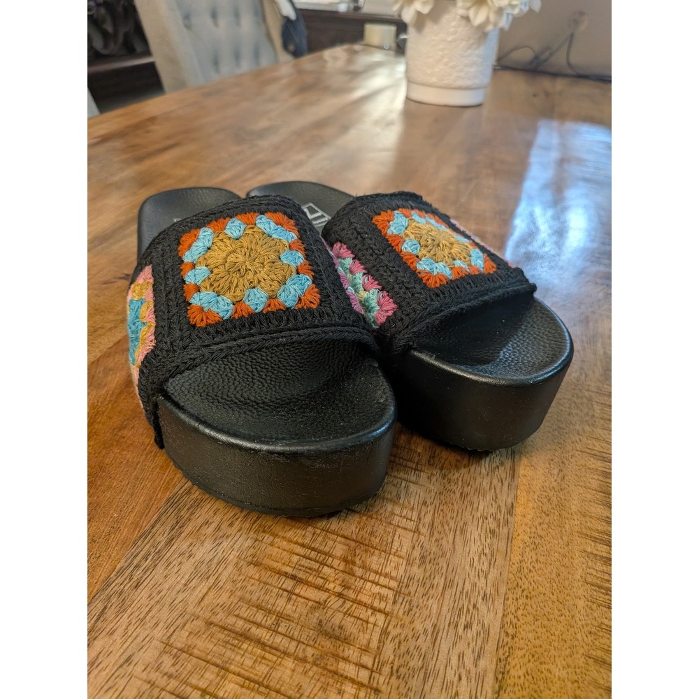 Womens Crochet Granny Square Platform Slide Sandals Black 8.5-9 40